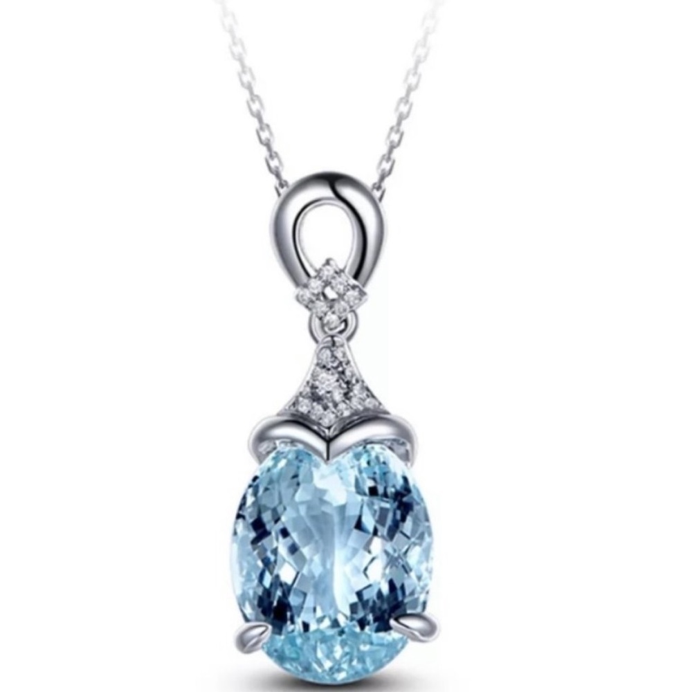 NEW Silver Aquamarine Diamond Necklace - Picture 8 of 8